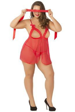 3 Pc. Lace & Mesh Babydoll Set with Eyemask - Queen Size - Red