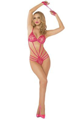 Embroidered Lace Teddy with Handcuffs - One Size -  Pink