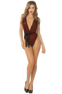 Floral Lace & Mesh Teddy - One Size - Red